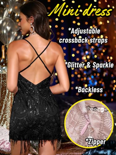Kaei&Shi Sequin Mini Dress,Sparkly Fringe Cocktail Party Dresses for Women,Homecoming Disco Dance Outfits