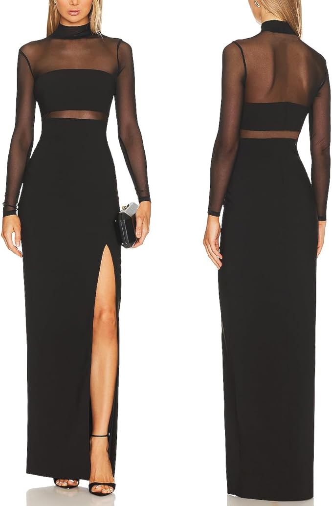 Aigeman Women See Through Mesh Long Sleeves Maxi Dress Turtleneck Bodycon Long Dresses Side Slit Cocktail Party Dress 451