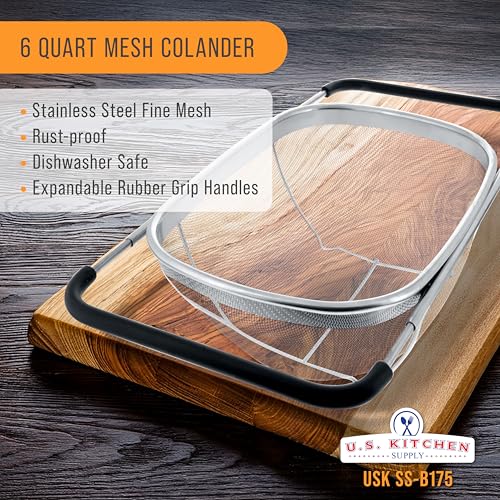 U.S. Kitchen Supply Stainless Steel Colander Strainer - 6-Quart Collapsible Colander with Expandable Rubber Handles - Rect...