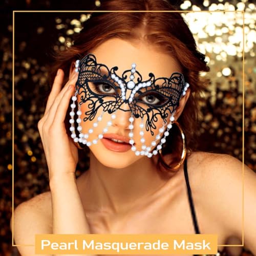 Flimire Pearl Masquerade Mask for Women Black Lace Masks Prom Costume Party Eye Mask Luxury Venetian Ball Mask