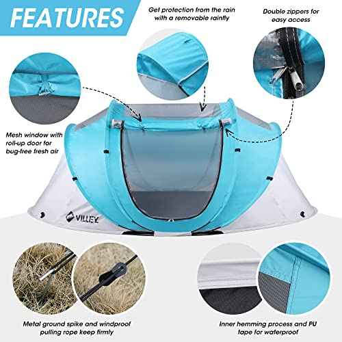 VILLEY 4 Person Easy Pop Up Tent, Waterproof Automatic Setup Instant Lightweight Camping Beach Tent with Carrying Bag for Camping, Hiking & Traveling