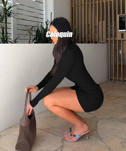 Coloquin Women Sexy Long Sleeve Bodycon Mini Dress Deep V Neck Ruched Club Party Going Out Dress