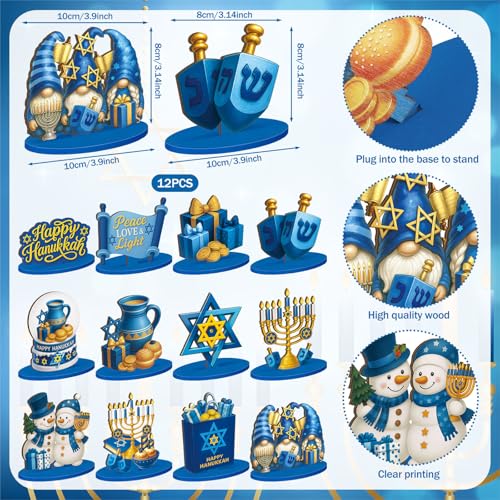 Realspring 12 Pcs Hanukkah Table Centerpieces Decor Chanukah Menorah Wooden Signs Star of David Table Topper Decor Hanukka...