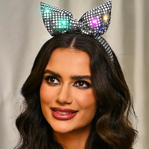 GENBREE Light Up Bow Headband Silver Led Disco Hair Band Glowing Rave Party Costume Hair Accessories for Women