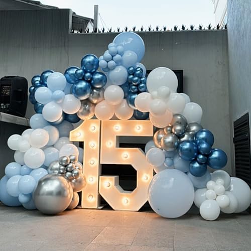 Blue Silver Balloons Set, 12 Inch Blue and Silver Balloons Dark Navy and Confetti Party Latex Balloon, Macaron Metallic Ba...