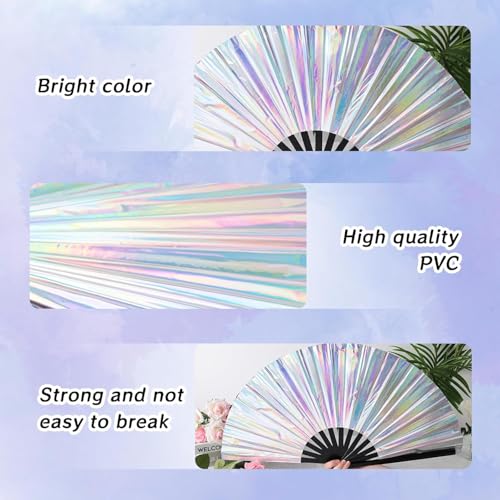 Folding Hand Fan, 13 Inch Glitter White Rave Decorative Hand Fans for Line Dancing Handheld Crafts for Festivals, Rainbow ...