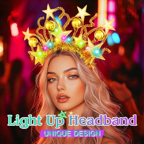 DRESBE Light Up Star Headband Gold New Year LED Stars Crown Headbands NYE Glow Party Hair Accessories for Women