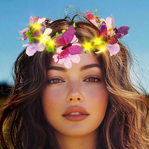 DRESBE Light Up Butterfly Flower Crown LED Floral Headband Glow Fairy Hair Accessories for Women (Purple)