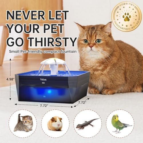 Veken Award-Winning Small Pet-Friendly Cat Water Fountain with Quiet Pump, Easy to Clean & Assemble, 50oz Mini Pet Water D...