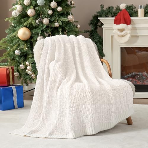 Snuggle Sac Buttery Ivory Throw Blanket for Couch, Reversible Super Soft Knitted Blankets, Warm Cozy Knit Fuzzy Plush Ligh...