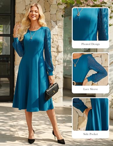GRACE KARIN Women's 2025 Casual Long Lace Sleeve Dresses, Summer Flowy Crewneck A Line Plain Midi Dress with Pockets