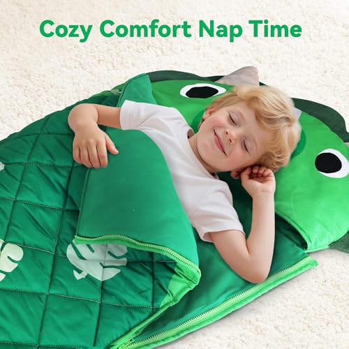 iPlay, iLearn Kid Sleeping Bag, Dinosaur Slumber Sack, Toddler Boy Nap Mat, 2 in 1 Green Dinos Cushion Blanket, Happy Trav...