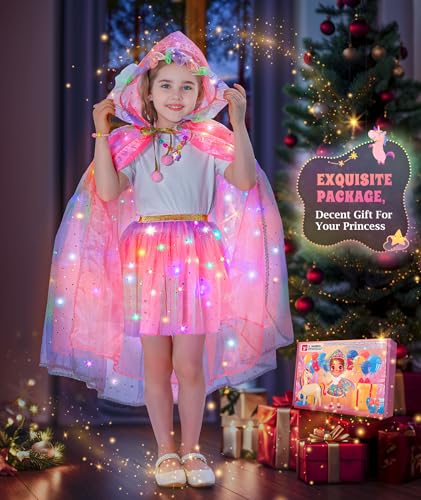 DOLNOW Princess Dress Up for Girls, Unicorn Light up Princess Cape Princess Dress Costume Crown Gift for Girls 3 4 5 6