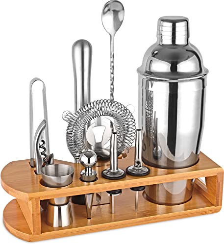 Cocktail Shaker Set Bartender Kit : 12-Piece Bar Tool Set with Bamboo Stand | Bar Set with All Practical Bar Accessories, ...