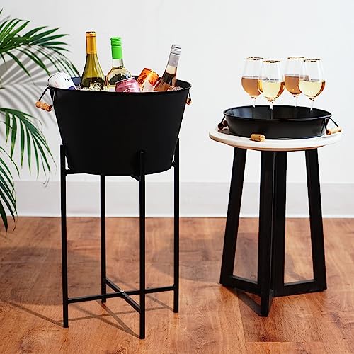 Twine Black Beverage Tub with Collapsible Stand, Large Metal Bucket and Tray, Ice Drink Buckets with Acacia Wood Handles f...