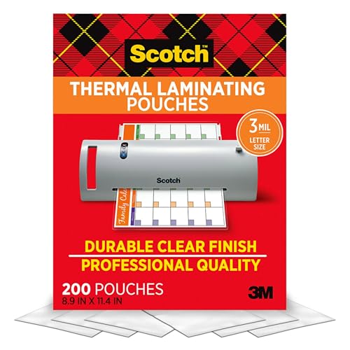 Scotch Thermal Laminating Pouches, 200 Count, Clear, 3 mil., Ideal Office or School Supplies, Fits Letter Sized Paper (8.9...