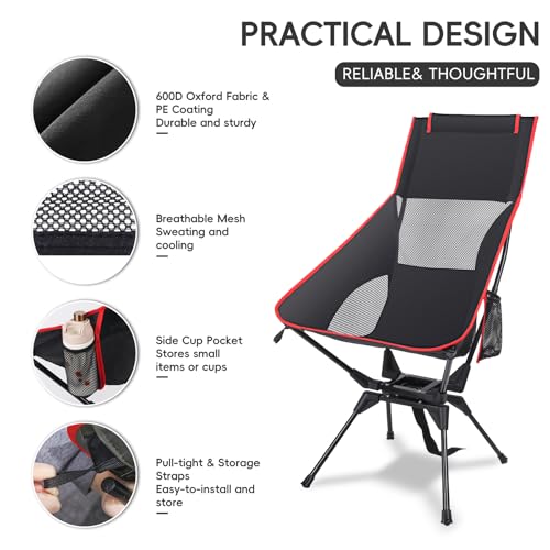 OUTTPLY Swivel Camping Chair, High Back Folding Chair with Head Support, Side Cup Pocket, Stable Portable Outdoor Chair fo...