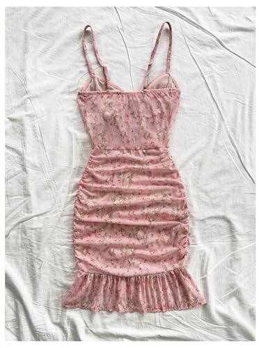 Verdusa Women's Floral Ruched Bodycon Dresses Ruffle Sleeveless Cami Mini Dress Brunch Outfits