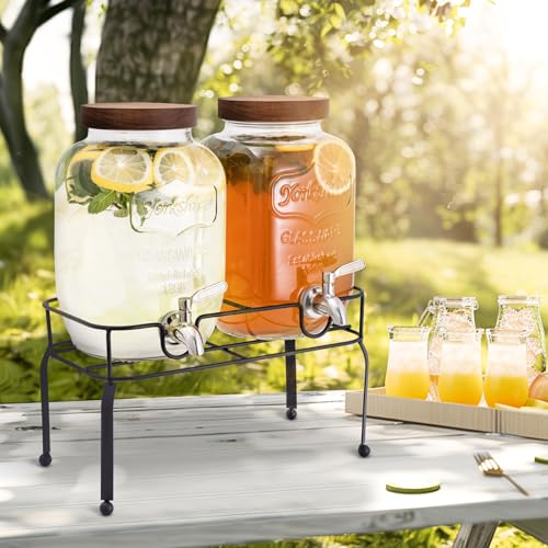 mustry Glass Drink Dispenser for Parties, 1 Gallon Beverage Dispenser with Stand and Spigot Solid Stainless Steel, Used as...