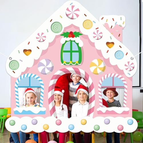 Large Christmas Gingerbread House Photo Booth Props Pink Gingerbread House Birthday Party Supplies Fabric Backdrop Door Ba...