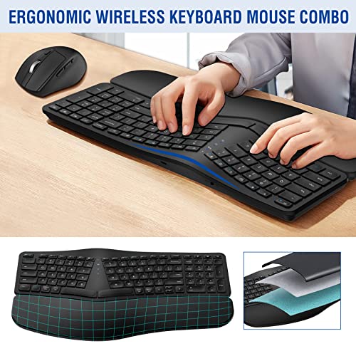 MK960 Ergonomic Wireless Keyboard Mouse Combo, Bluetooth/2.4G Split Design Keyboard with Palm Rest and 4 Level DPI Adjusta...