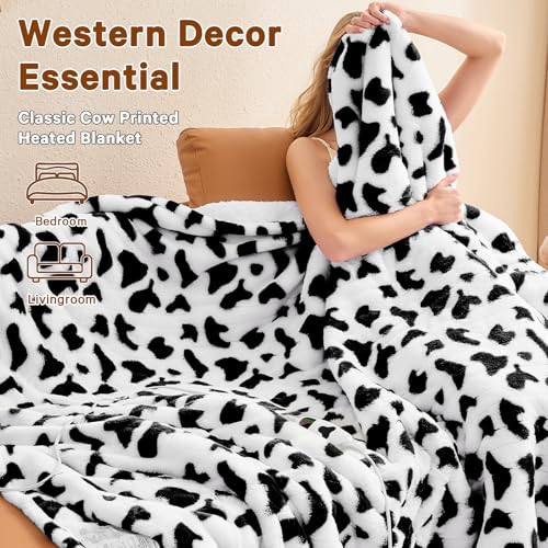 Black Heated Electric Blanket Throw,50X60 Cow Print Heating Blanket with 10 Heats Levels & 8 Hours Auto Off,Cute Cow Decor...