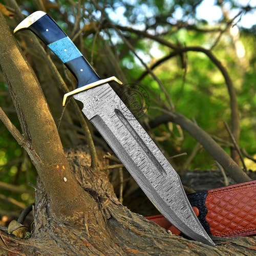 Damascus Steel Western Outlaw Bowie Hunting Knife, Fixed Blade Survival & Hunting Knife, Camping, Bushcraft, EDC - Gift fo...