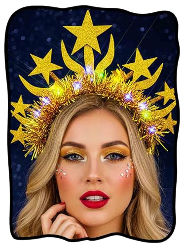 Yokawe Light Up Star Headband,Gold Tinsel Costume Hair Accessory for Rave Party