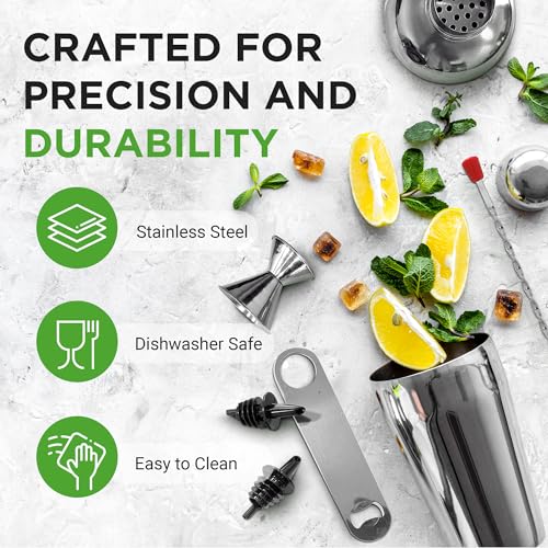 NutriChef Bartender Set 7 Piece - Includes Cocktail Shaker Mixer, Essential Bar Accessories, 2 Bottle Pourers, Bar Mixer S...