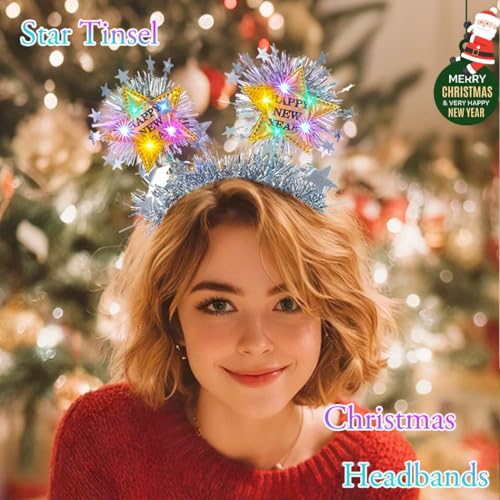 Firuilo Light Up Christmas Headband Glowing Star Tinsel HAairbands Happy New Year Headpieces Xmas Hair Accessories for Women