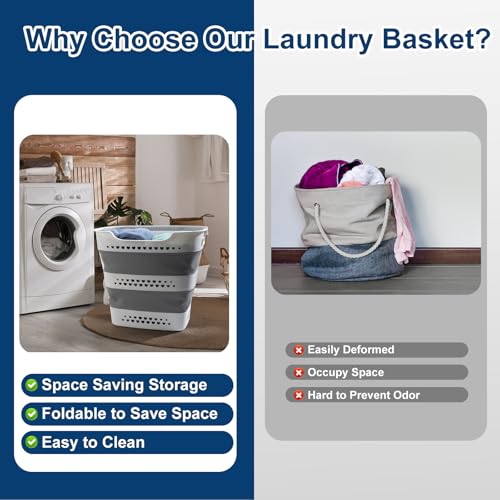 Collapsible Laundry Basket Foldable Pop-Up Laundry Hamper with Comfort Handles Portable Plastic Laundry Storage Basket Org...