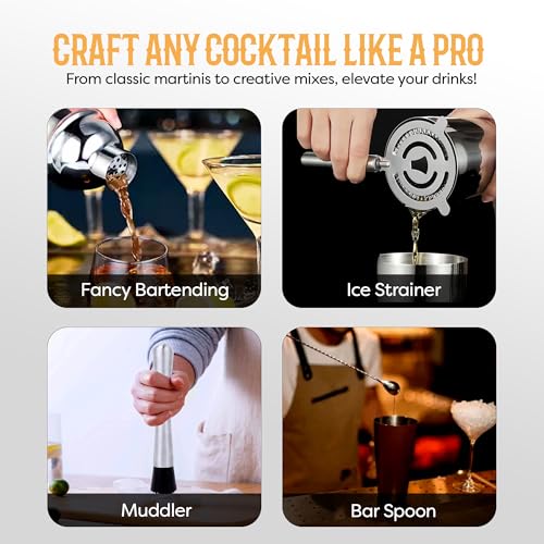 AMERICANISTA Cocktail Shaker Set Bartender Kit with 10 Bar Tools & Bamboo Stand – Martini Shaker, Jigger, Strainer, Muddle...