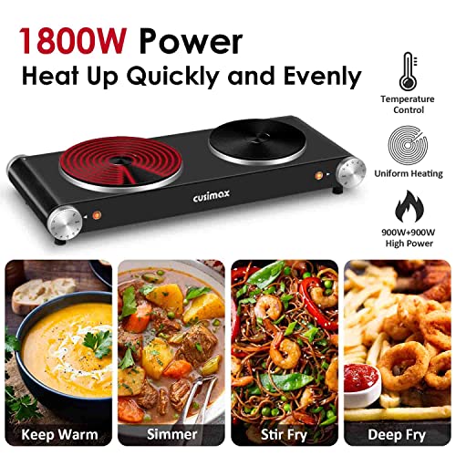 Cusimax Hot Plate for Cooking 1800W Portable Electric Double Burner Countertop Cooktop Cast Iron Stove Heating Plate with ...