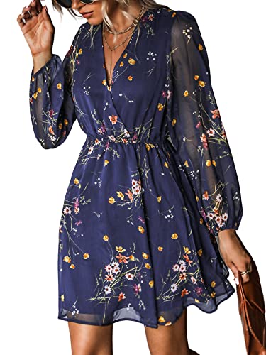 CUPSHE Women's Mini Dresses Casual Spring V Neck Chiffon Long Peasant Sleeves Flowy Autumn Dress