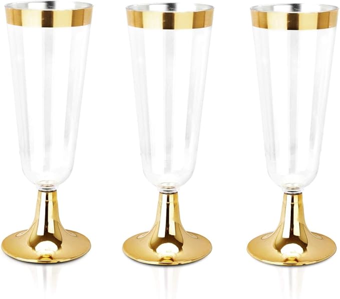 bUCLA 100 Pack Gold Plastic Champagne Flutes - 5OZ Plastic Champagne Glasses With Gold Rim - Premium Quality Gold Disposab...
