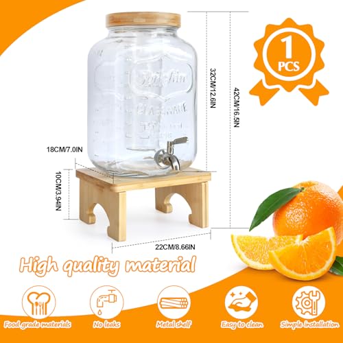 2 Gallon Drink Dispenser with Stand，Glass Beverage Dispenser With Wood Stand, 18/8 Stainless Steel Spigot and Labels Large...