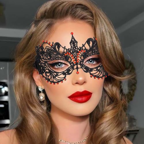 Flimire Masquerade Mask for Women Black Rhinestone Lace Mask Mardi Gras Costume Party Eye Mask