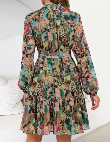 ZESICA Womens Floral Long Sleeve Mini Dress Spring Button Chiffon A Line Swing Short Wedding Guest Holiday Party Dresses