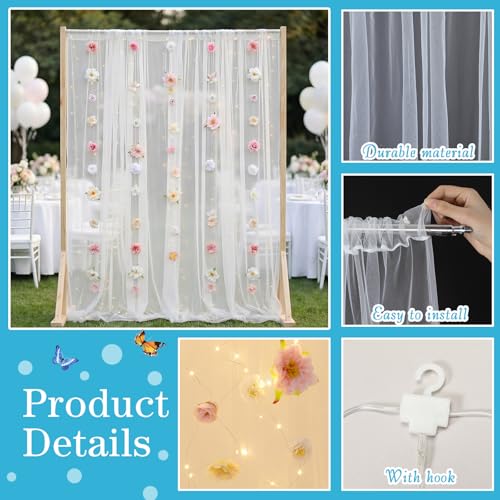 Gilprop 2 Panels White Tulle Backdrop Curtain with Lights String & 5 Pcs Artificial Hanging Flowers Garland 10×8ft Sheer B...