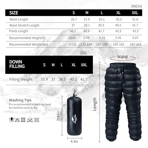 Naturehike Down Pants,Men's Women's Puffy Pants,Winter Warm Outdoor Men Women Ski Snow Pants,Camping Hiking Pants