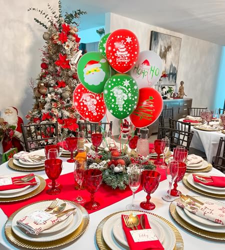 Christmas Balloons, 12 Inch Green and Red Balloons With Ribbon for Christmas Birthday Party Decorations