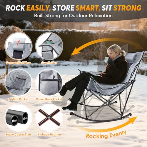 Suteck Heated Rocking Camping Chair, XL Oversized Rocking Chair Outdoor with 3 Heat Levels for Back and Seat, Heated Chair...