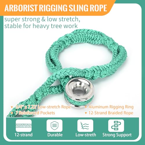 tonchean Rigging Ring Sling Rope 3/4” × 7.22FT Arboart Rope Sling with 28mm Inner Diameter Aluminum Rigging Ring 7-Pocket ...