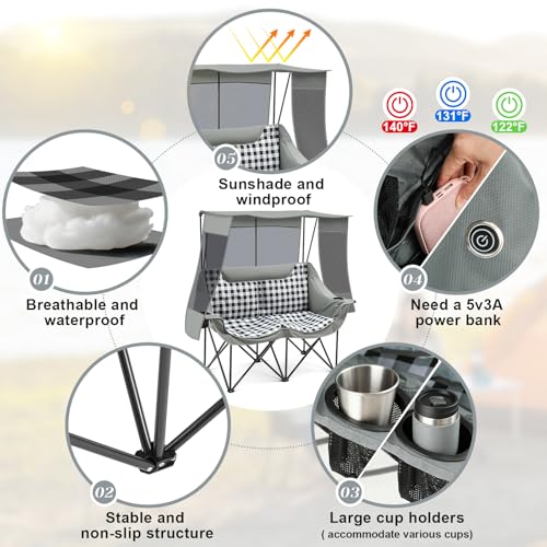 Heated Double Camping Chair with Canopy, Padded Loveseat 660lbs Folding Portable Chair with Pocket for Adult Outdoor Lawn,...