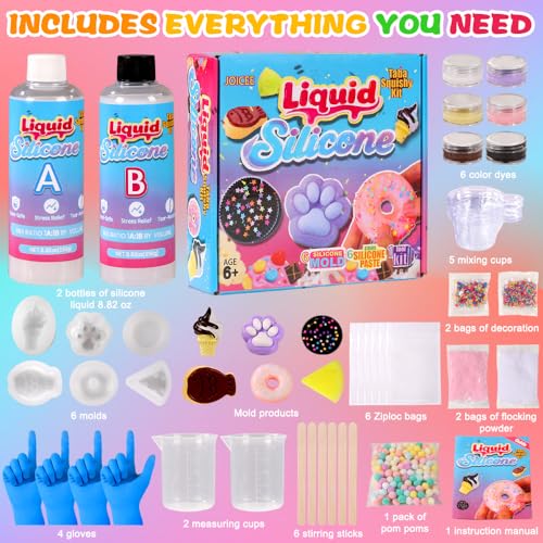 JOICEE Taba Squishy Kit, DIY Squishy Making Kit 18OZ 1:1 AB Liquid Silicone with 6 Molds for Make Your Own Super Soft Squi...
