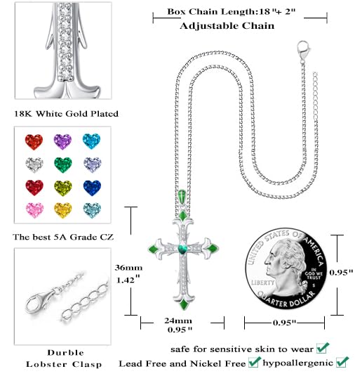 CupidGift Cross Necklace for Women 14K 18K White Gold Plated Dainty Round Emerald Birthstone Everyday Necklaces Jewelry Baptism Faith Anniversary Christmas Birthday Gifts for Wife Mom