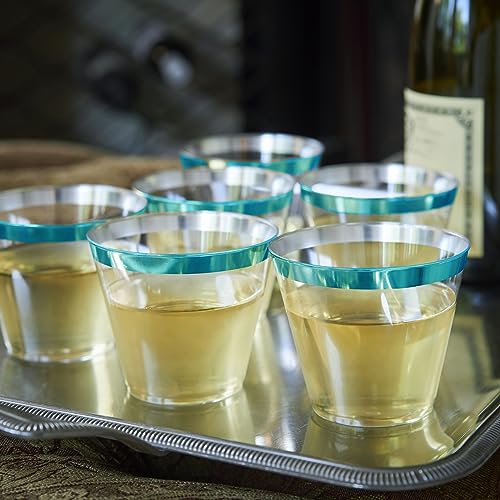 100 Teal Rimmed Plastic Cups and 1 Silver Ice Tong Set - 9 Ounce Disposable Wine Glasses - Plastic Cocktail Glasses - Fanc...