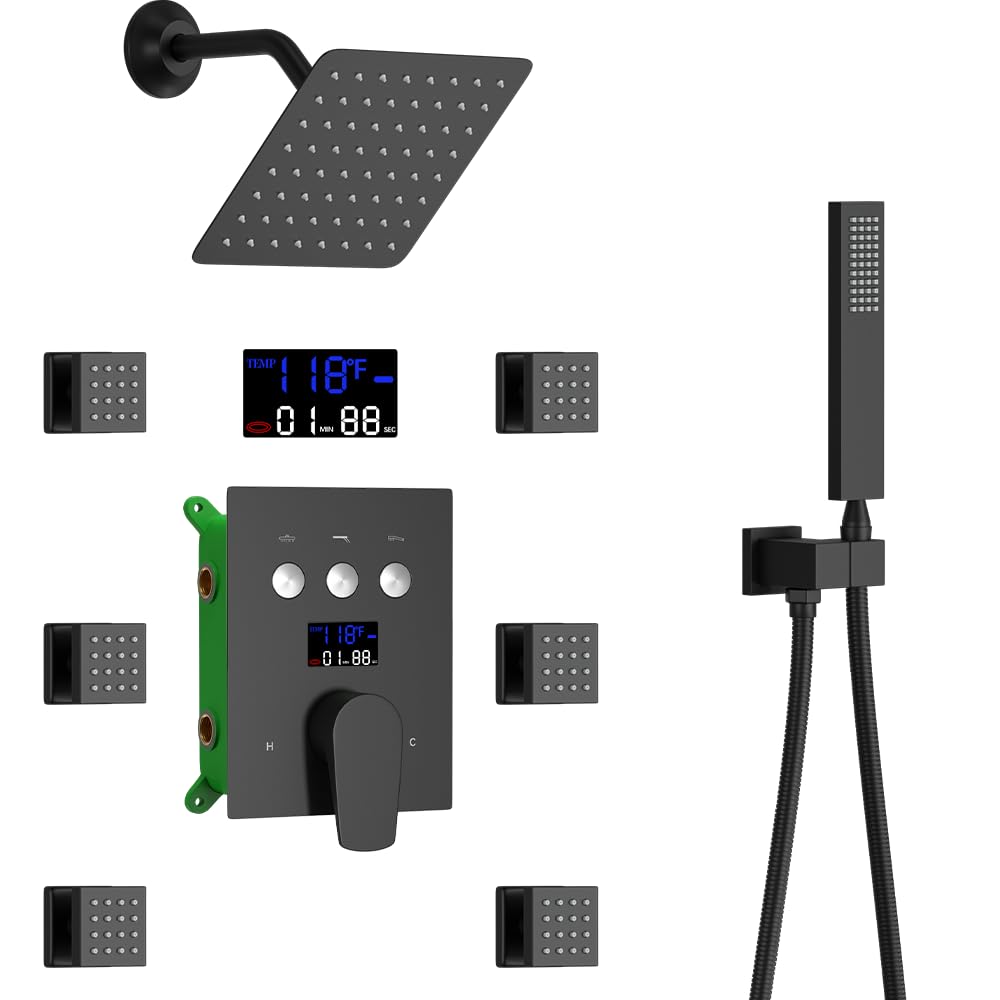 HONGTONGSOWER Bathroom Rainfall Shower System Wall Mount 8 Inch Shower Head With Handled Spray 6 Pcs jets Temperature Display Shower Faucet Set (Matte Black)