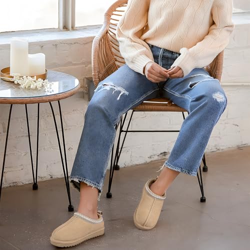 Evshine Women’s Genuine Suede Slippers, Fuzzy Warm House Shoes for Indoor Outdoor, Great Gift for Winter Comfort