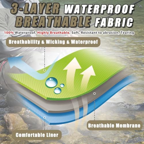 JUSTOOP Waist Wader Pants for Men and Women, 3-Ply Breathable Waterproof Fishing Waders with Pockets and Durable Stockingfoot